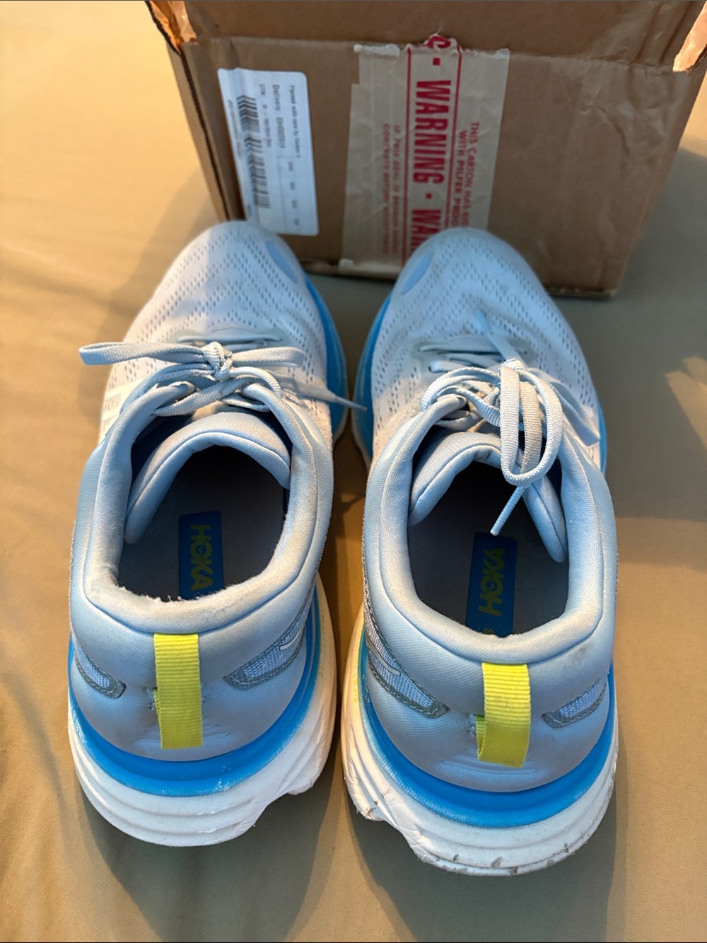 Hoka Bondi 8 Men’s Light Blue Running Shoes with Blue Midsole and Yellow Accents - Picture 4 of 5